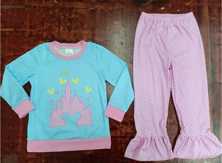 Custom moq 3 eta 6-7weeks Pink Polka Dot Castle Sky Blue Long Sleeve Top - Pink Polka Dot Trousers Set