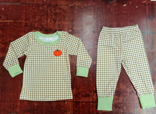 Custom moq 3 eta 6-7weeks Embroidered Pumpkin Brown Small Plaid Long Sleeve Pants Set