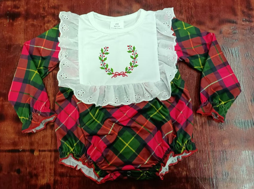 Custom moq 3 eta 6-7weeks White lace square collar red and green long-sleeved short romper