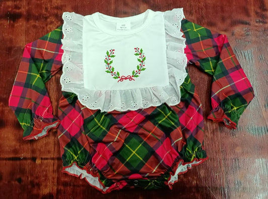 Custom moq 3 eta 6-7weeks White lace square collar red and green long-sleeved short romper