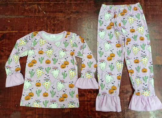 Custom moq 3 eta 6-7weeks Light purple long-sleeved trouser suit with pumpkin, cactus and ghost pattern