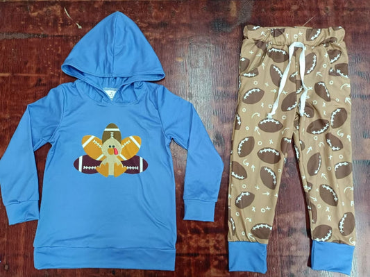 Custom moq 3 eta 6-7weeks Oval turkey pattern blue hooded long-sleeved top - brown pants set