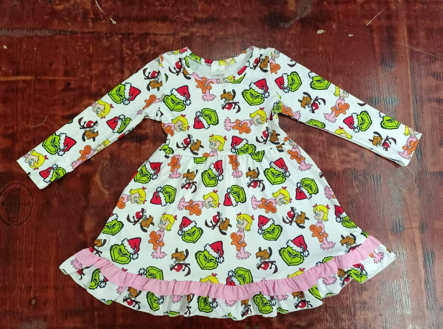 Custom moq 3 eta 6-7weeks Green Monster-Little Bear Girl White Long Sleeve Dress