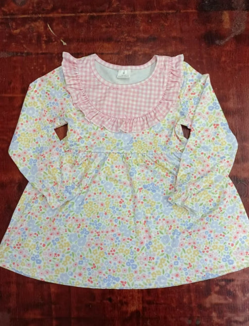 Custom moq 3 eta 6-7weeks Light purple-red-red floral pink plaid pleated round neck long sleeve dress