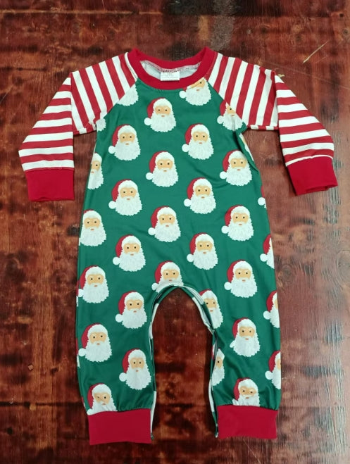 Custom moq 3 eta 6-7weeks Green long romper with Santa Claus pattern and red striped cuffs
