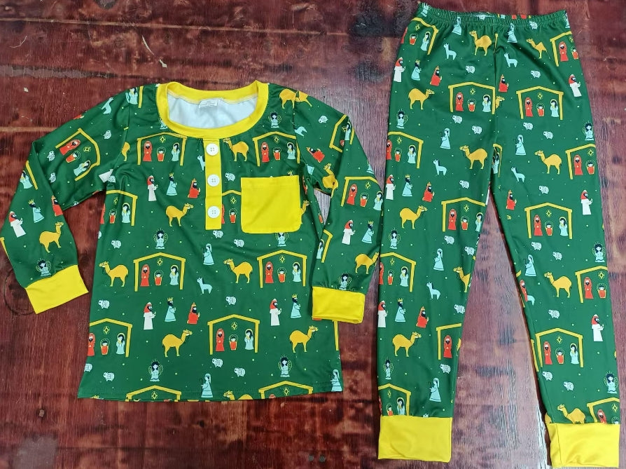 Custom moq 3 eta 6-7weeks Camel-Little Man Green Button Pullover Long Sleeve Pants Suit
