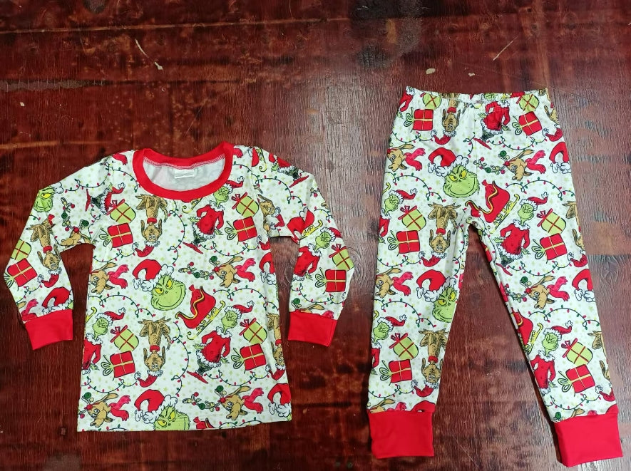 Custom moq 3 eta 6-7weeks Christmas Green Monster Pattern Red Long Sleeve Pants Suit