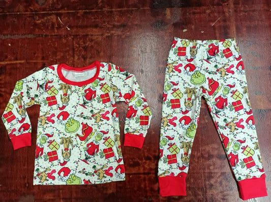 Custom moq 3 eta 6-7weeks Christmas Green Monster Pattern Red Long Sleeve Pants Suit