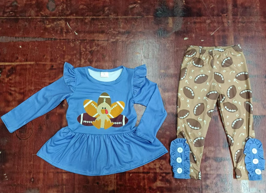 Custom moq 3 eta 6-7weeks Blue flying sleeves turkey pattern long-sleeved top - brown trousers set