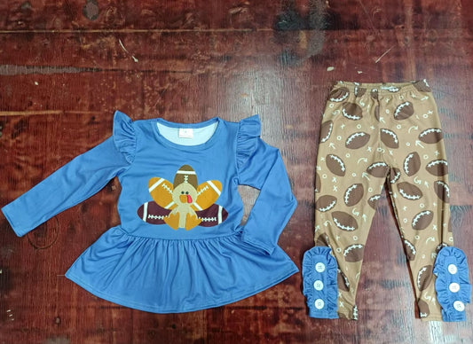 Custom moq 3 eta 6-7weeks Blue flying sleeves turkey pattern long-sleeved top - brown trousers set