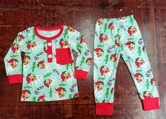 Custom moq 3 eta 6-7weeks Santa Claus-Cane-Cactus Button Pullover Red Long Sleeve Trousers Suit