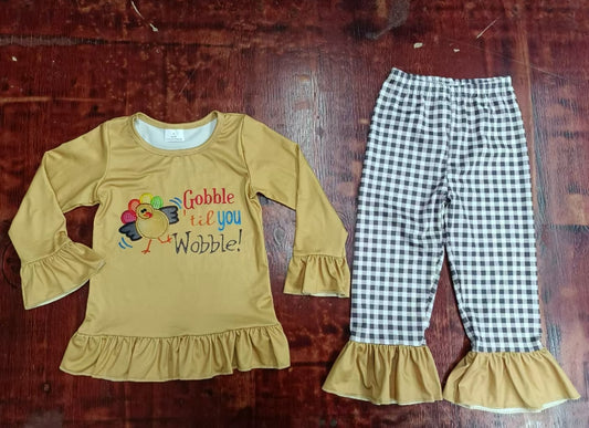 Custom moq 3 eta 6-7weeks Khaki long-sleeved top with embroidered turkey pattern and dark blue plaid trousers set