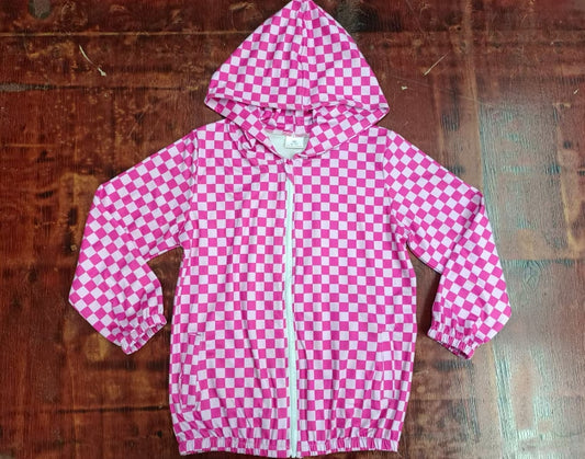 Custom moq 3 eta 6-7weeks Rose Pink Plaid Hooded Long Sleeve Zipper Jacket