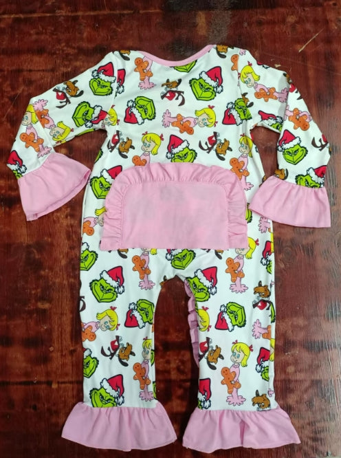 Custom moq 3 eta 6-7weeks Green Monster - Little Girl Pattern Pink Pleated Cuffs Long Climbing Dress