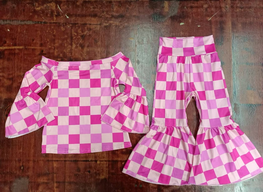 Custom moq 3 eta 6-7weeks Pink-Skin-Rose Pink Plaid Off-Shoulder Trumpet Sleeve Long Sleeve Top Trumpet Pants Set