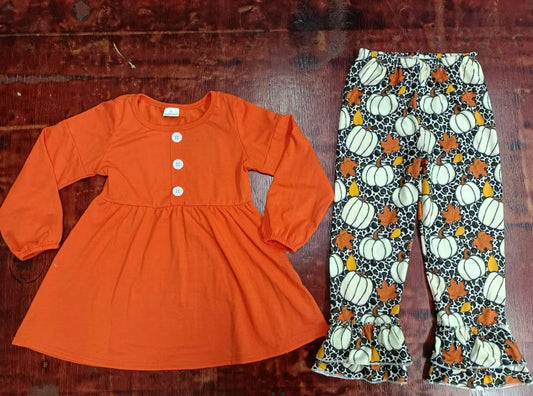 Custom moq 3 eta 6-7weeks Pumpkin Button Solid Long Sleeve Top - Black and White Leopard Print Trousers Set