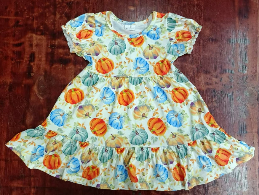 Custom moq 3 eta 6-7weeks Orange-Blue-Green Pumpkin Print Short Sleeve Dress