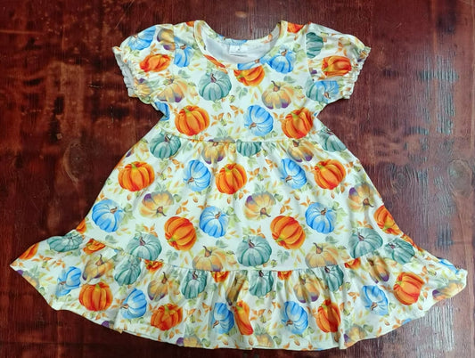 Custom moq 3 eta 6-7weeks Orange-Blue-Green Pumpkin Print Short Sleeve Dress