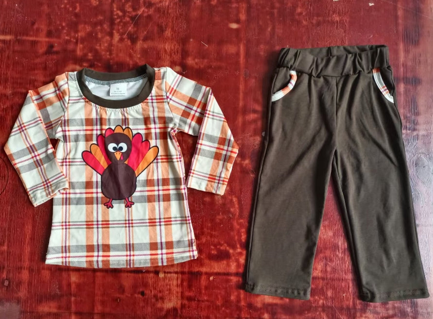 Custom moq 3 eta 6-7weeks Turkey pattern orange and gray alternating plaid long-sleeved top and dark brown pants set
