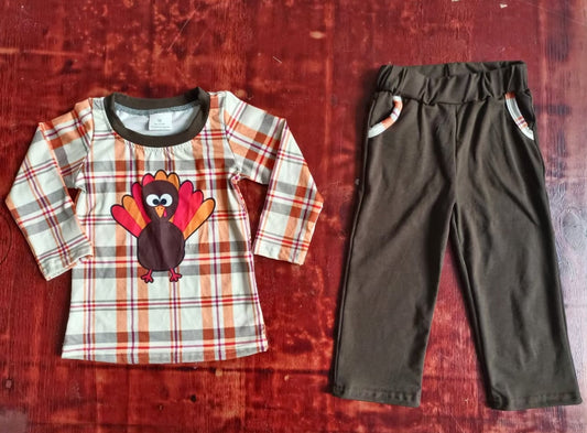 Custom moq 3 eta 6-7weeks Turkey pattern orange and gray alternating plaid long-sleeved top and dark brown pants set