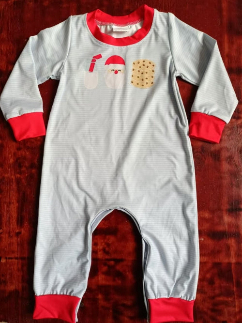 Custom moq 3 eta 6-7weeks Milk-Santa-Chocolate Cookie Light Blue Pinstripe Long Romper