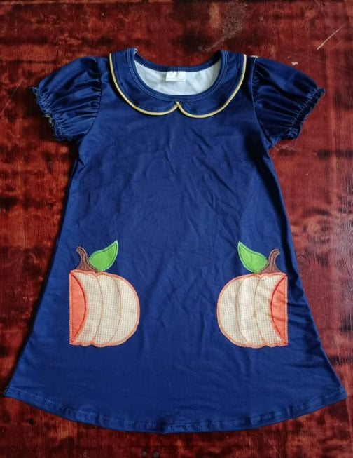 Custom moq 3 eta 6-7weeks Sapphire blue short-sleeved dress with embroidered pumpkin pattern