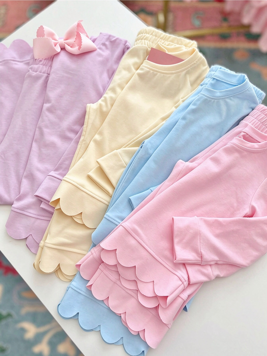 RTS NO MOQ Sibling cotton Baby Girls Solid Color Long Sleeve Top Pants Scallop Pajamas Clothes Sets Sleepwear Outfit