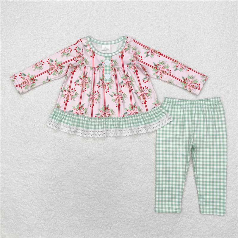 Baby Girls Christmas Bow Holly Collection - Checked Lace Set & Bow Romper