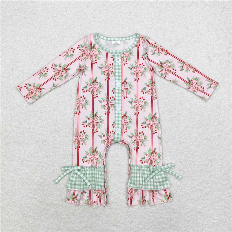 Baby Girls Christmas Bow Holly Collection - Checked Lace Set & Bow Romper