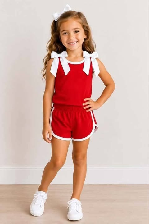 custom moq 5 mix size Baby Girls Red White Trim Bow Strap Sleeveless Tank Top And Shorts Two Piece Summer Outfit Set