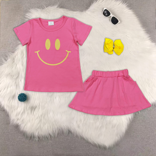 RTS NO MOQ ETA 5/7days Arrived GT0959+GLK0066 Offset printing smiley face rose red short-sleeved top Pure rose red culottes sets