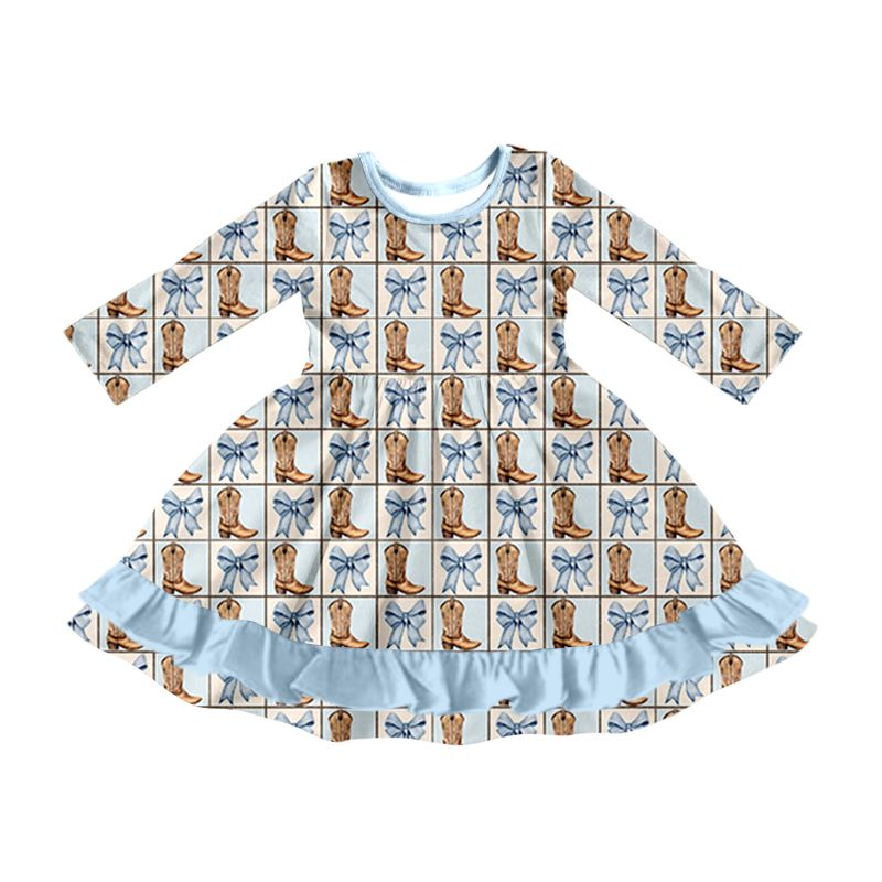 Deadline October 9 custom no moq  eta 6-7weeks Sky blue plaid bowknot martin boots pattern long sleeve dress