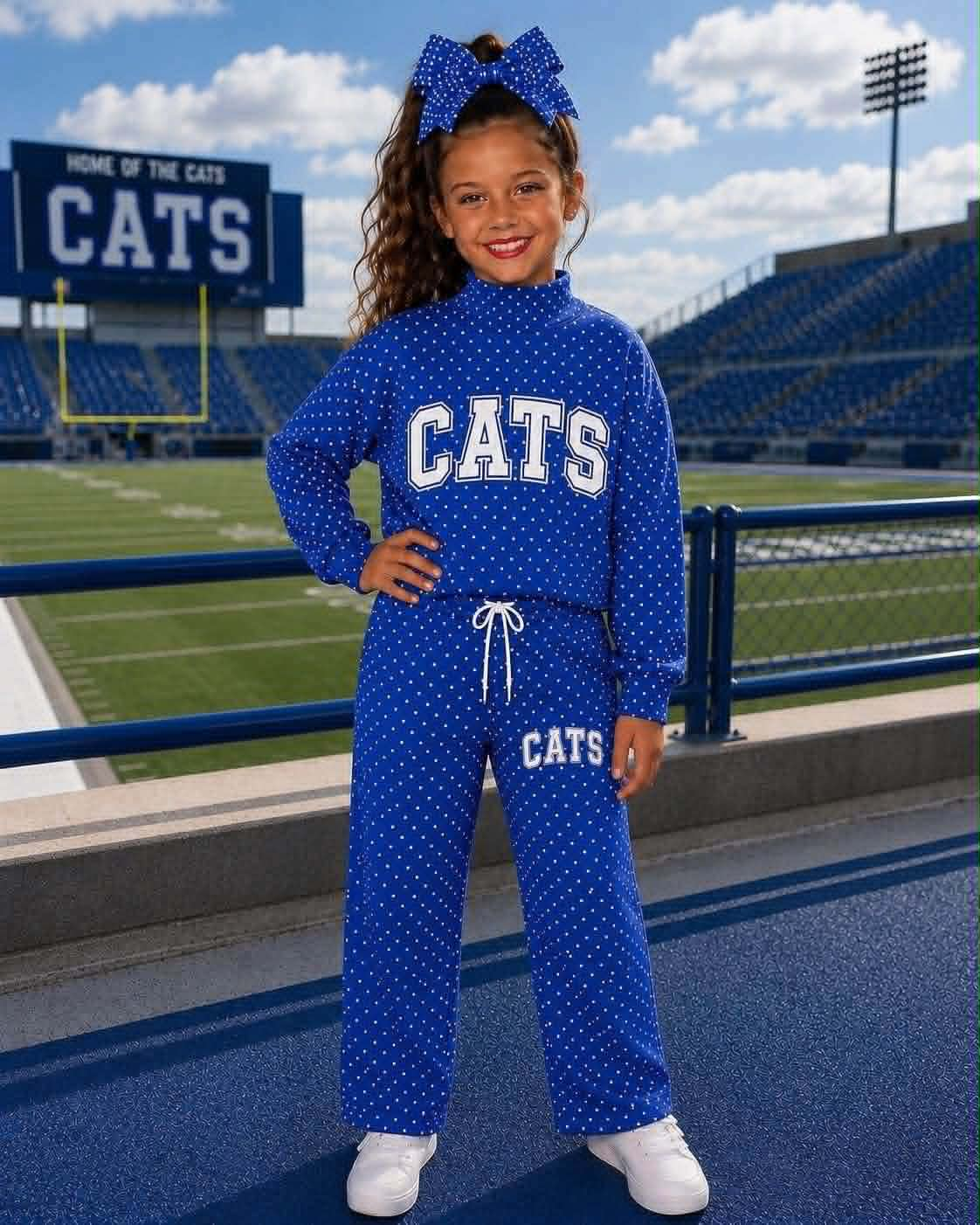 custom moq 5 mix size CELD0101 Adult To Match Kids High Team Blue Polka Dot Sweatshirt Drawstring Wide Leg Pants Sets