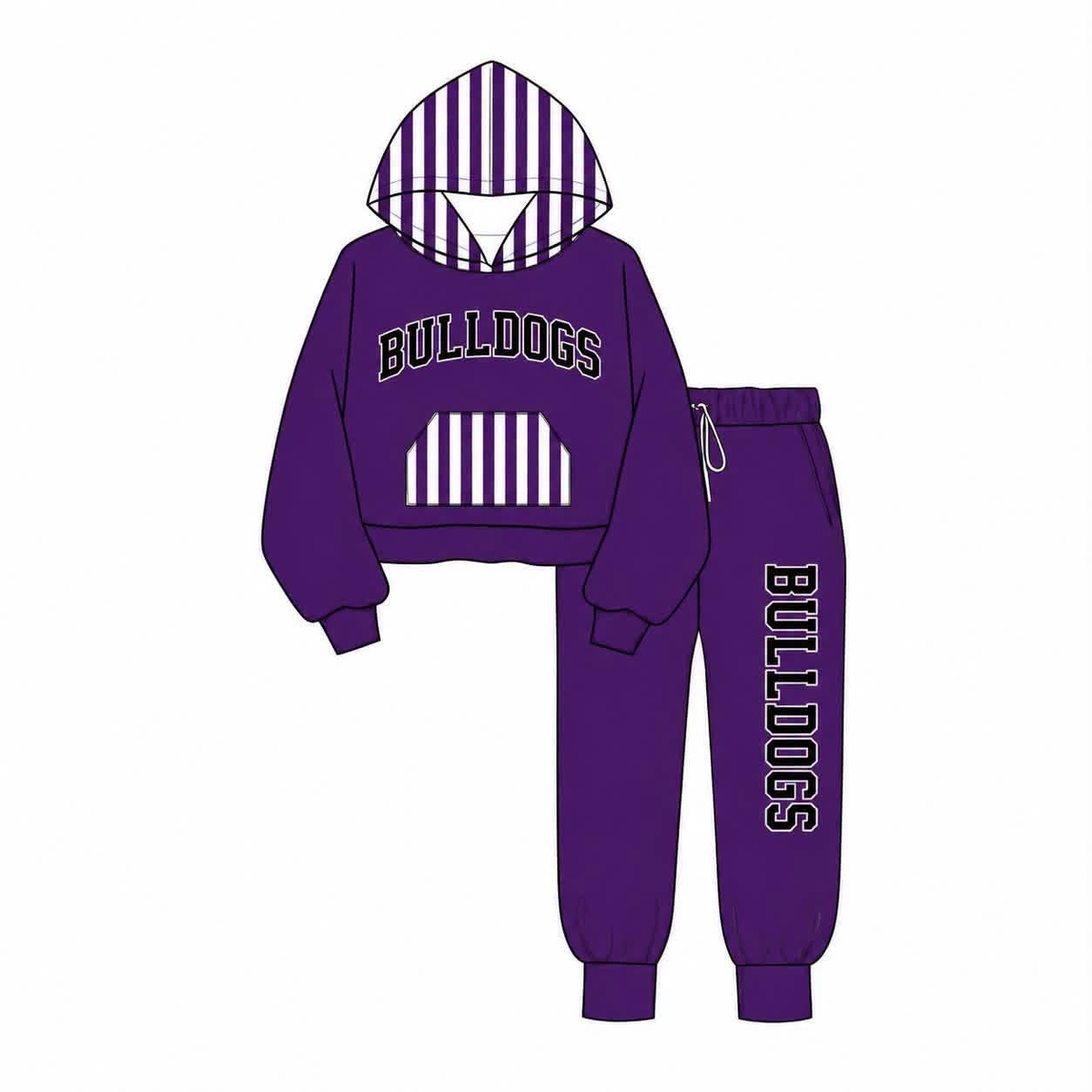 custom moq 5 mix size AAMY0109 Baby Kids Purple Striped Hood Lining Pocket With Letter Print Hoodie Jogger Team Set