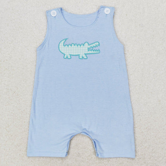 RTS no moq SR1625 Embroidered plaid crocodile blue sleeveless jumpsuit