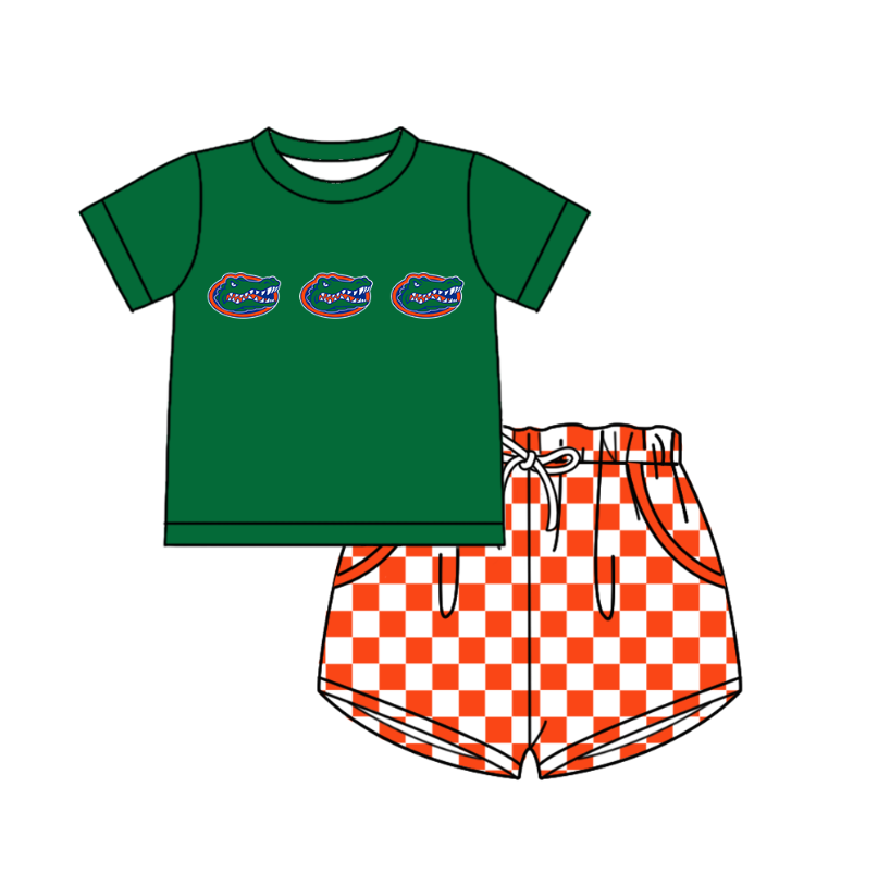Custom moq 5 mix size milk silk summer teams Boy's Green Short-Sleeved Shirt And Plaid Shorts Set Girl's Two Short-Sleeved Outfits with Matching Swimsuits Adult Shorts