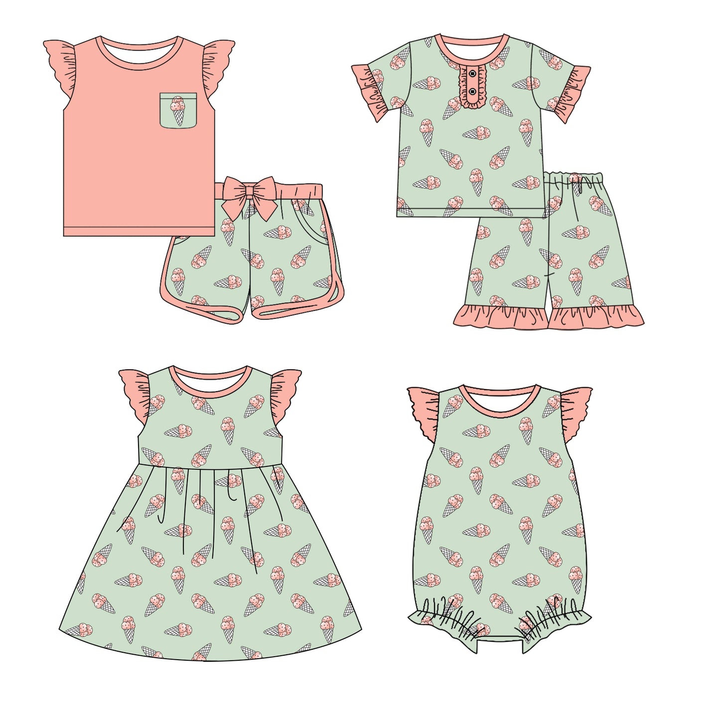 12.21 custom each style moq 5eta 4-6week Sibling Sister ice cream baby girl short sleeve shorts sets and sets 2 and girls romper and boy romper and dress match design
