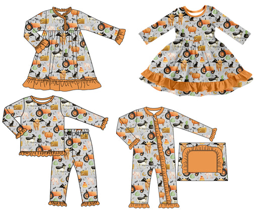 25.7.12 custom each style moq 5 eta 4-6week Sibling Sisters pumpkin baby girl long sleeve pants sets and romper and dress 1 and dress 2 match family design