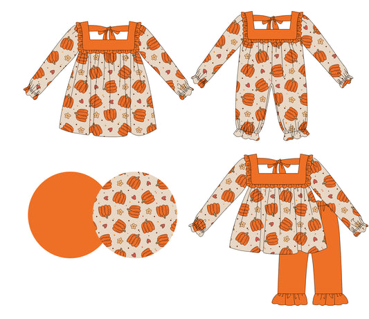 25.5.17 custom each style moq 5eta 4-6week Sibling Sisters pumpkin baby girl long sleeve pants sets and dress and rompers match family design