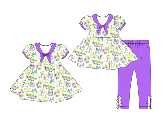 25.10.9 custom each style moq 8 eta 6-8week Sibling Sisters mardi gras baby girl short sleeve pants sets and dress match family design
