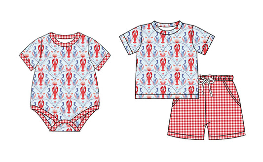 26.1.15 custom each style moq 5 eta 6-8week Sibling Sister lobster baby boy short sleeve shorts sets and romper match design