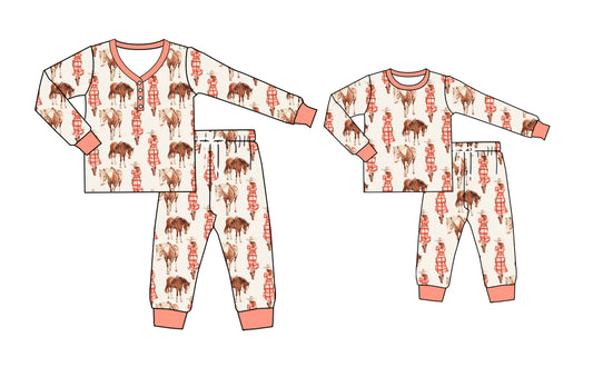 25.6.27 custom each style moq 5eta 4-6week Sibling Sister riding horse long sleeve pants sets and adult sets match design