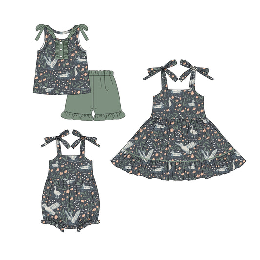 25.5.23 custom each style moq 5eta 4-6week Sibling Sisters duck floral baby girl short sleeve shorts sets and dress and rompers match family design