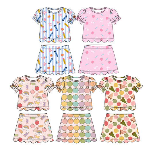 3.17 Custom moq 5 mix size Sibling Baby Girls Back to School Top Scallop Skirt Short Clothes Set