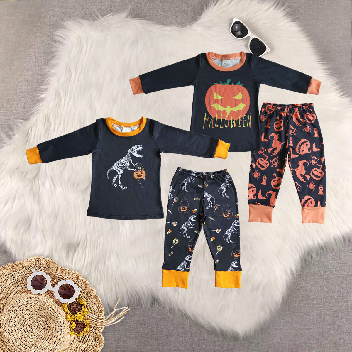 RTS NO MOQ Sibling Baby boy clothes halloween pumpkin Long Sleeve Pants Set