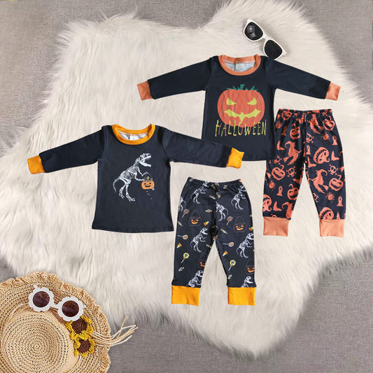 RTS NO MOQ Sibling Baby boy clothes halloween pumpkin Long Sleeve Pants Set