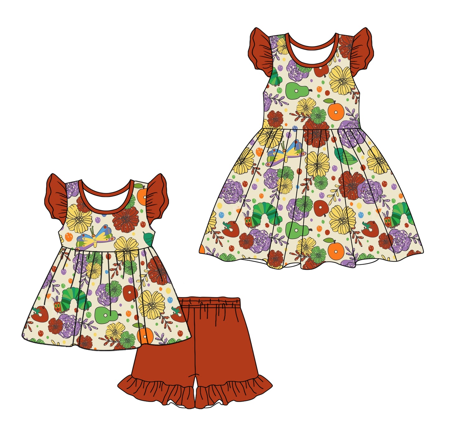 12.25 custom each style moq 5eta 4-6week Sibling Sister floral baby girl short sleeve shorts sets and dresses match design