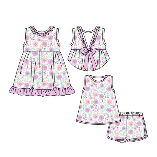 3.24 custom each style moq 5eta 4-6week Sibling Sister floral baby girl short sleeve shorts sets and dresses match design