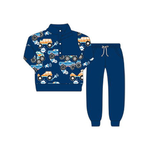 5.20custom each style moq 5eta 4-5week car prints dark blue and orange Long sleeve trousers suit series