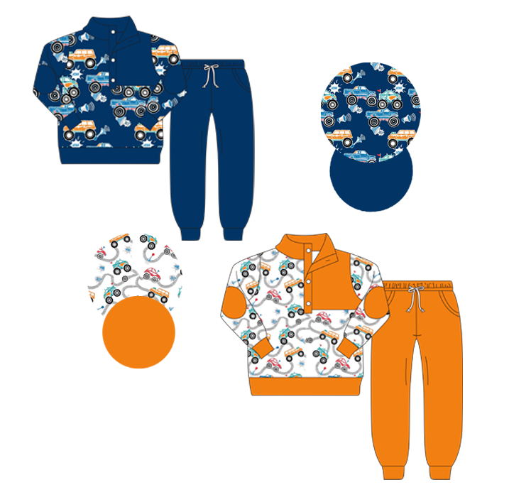 5.20custom each style moq 5eta 4-5week car prints dark blue and orange Long sleeve trousers suit series